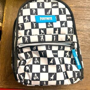 FORTNITE Lunch Box, Bag Black White Checkered Blue Zippers- Great For Kids